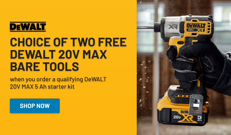 当您订购合格的DeWALT 20V MAX 5 Ah入门套件时，可选择两个免费的DeWALT 20V MAX裸工具