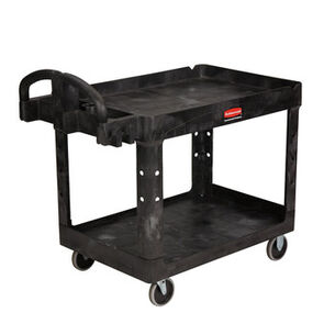 UTILITY CARTS | Rubbermaid Commercial 25.9 in. x 45.2 in. x 32.2 in. 500 lbs. Capacity 2 Lipped Shelves Heavy-Duty Plastic Utility Cart - Black