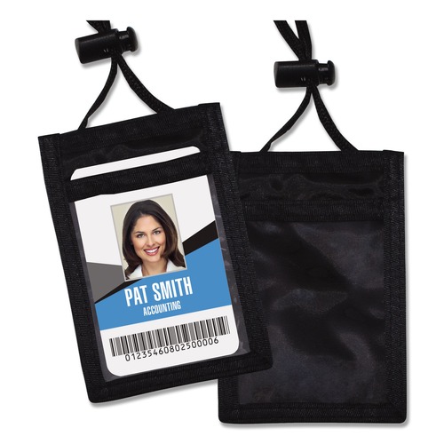  | Advantus 75453 3.25 in. x 5 in. Holder 2.38 in. x 3.5 in. Insert 48 in. Cord Vertical ID Badge Holders with Convention Neck Pouch - Black/Clear (12/Pack) image number 0