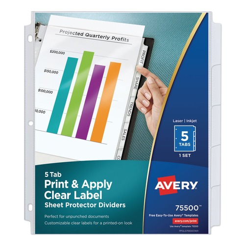  | Avery 75500 Print and Apply Index Maker 11 in. x 8.5 in. Clear Label Sheet Protector Dividers with 5 White Tabs (1/Set) image number 0