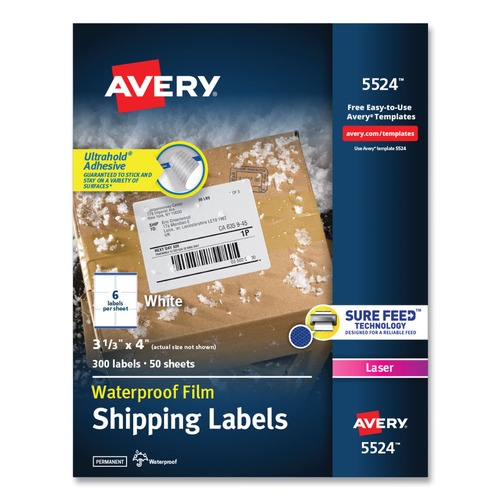  | Avery 05524 Waterproof 3.33 in. x 4 in. Address Labels for Laser Printers - White (6/Sheet, 50 Sheets/Pack) image number 0