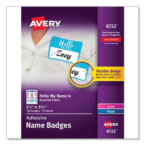  | Avery 08722 3.37 in. x 2.33 in. Flexible "Hello" Adhesive Name Badge Labels - Assorted (120/PK) image number 0
