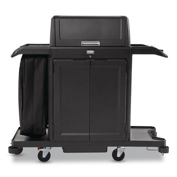 Rubbermaid Commercial 24.4 in. x 62.4 in. x 56.9 in. 4-Shelf Housekeeping Cart with Hood and Doors - Black