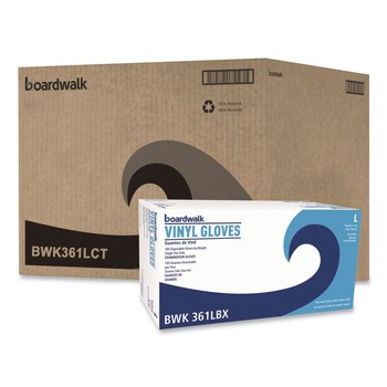 Boardwalk 3.6 mil Thick 9.5 in. Long Powder-Free Exam Vinyl Gloves - Large, Clear (100/Box, 10 Boxes/Carton)
