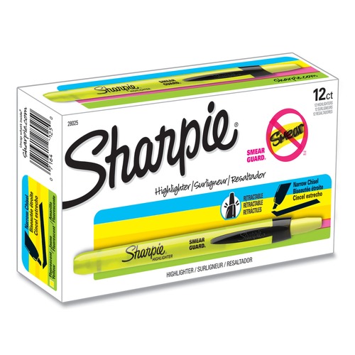  | Sharpie 28025 Fluorescent Yellow Ink Chisel Tip Retractable Highlighters - Yellow/Black Barrel (1 Dozen) image number 0