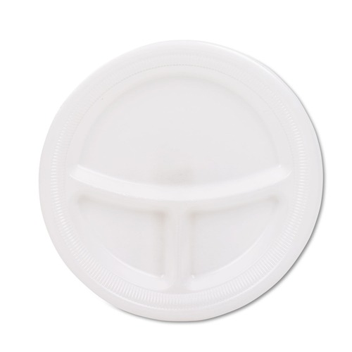 Bowls and Plates | Dart 9CPWQR 3-Compartment 9 in. Diameter Mediumweight Foam Plates - White (125/Pack) image number 0