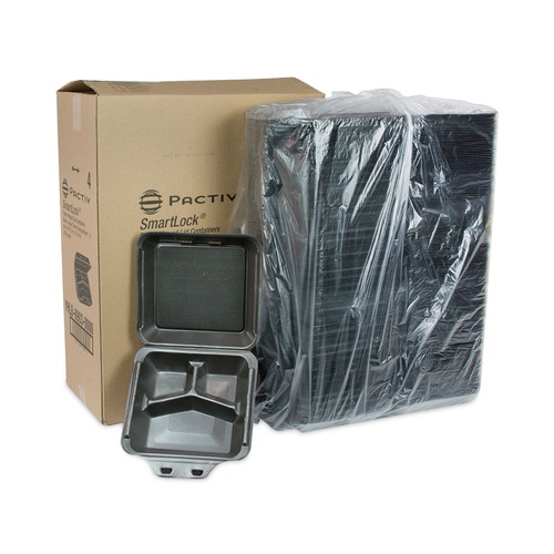 Mothers Day Sale! Save an Extra 10% off your order | Pactiv Corp. YHLB09030000 SmartLock 9 in. x 9.5 in. x 3.25 in. Foam Hinged Lid 3-Compartment Container - Black (150/Carton) image number 0