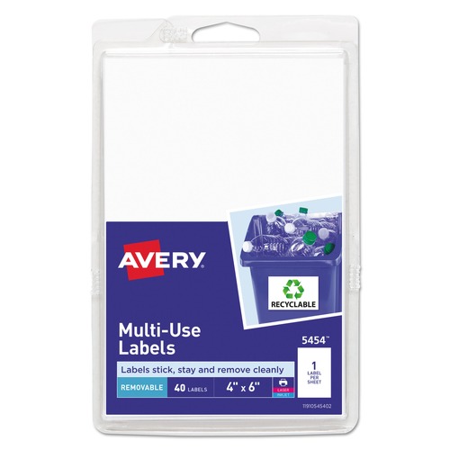 | Avery 05454 Removable 4 in. x 6 in. Multi-Use Labels for Inkjet/Laser Printers - White (40-Piece/Pack) image number 0