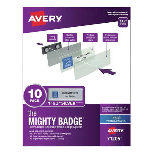  | Avery 71205 The Mighty Badge 3 in. x 1 in. Horizontal Inkjet Name Badge Holder Kit - Silver (10/Pack) image number 0