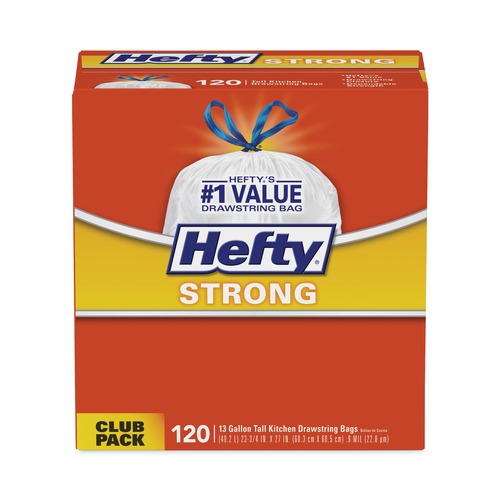 Trash Bags | Hefty E84574CT 13 Gallon 0.9 mil 23.75 in. x 27 in. Strong Tall Kitchen Drawstring Bags - White (90 Bags/Box, 3 Boxes/Carton) image number 0