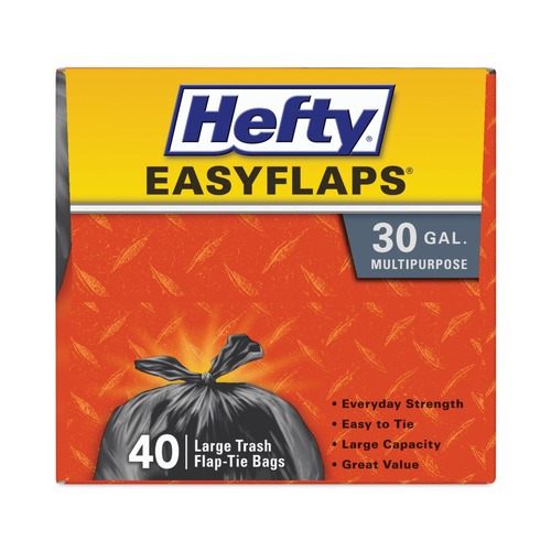 Trash Bags | Hefty E27744 30 in. x 33 in. 30-Gallon 0.85 mil Easy Flaps Trash Bags - Black (40/Box, 6 Boxes/Carton) image number 0