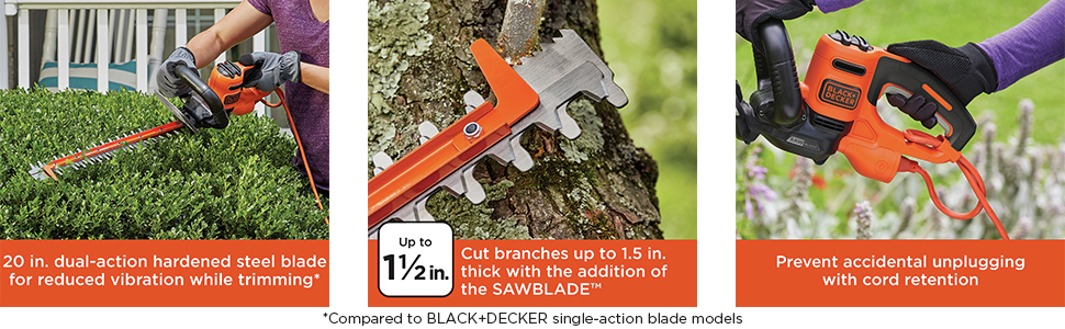 20 in dual-action hardened steel blade for reduced vibration while trimming